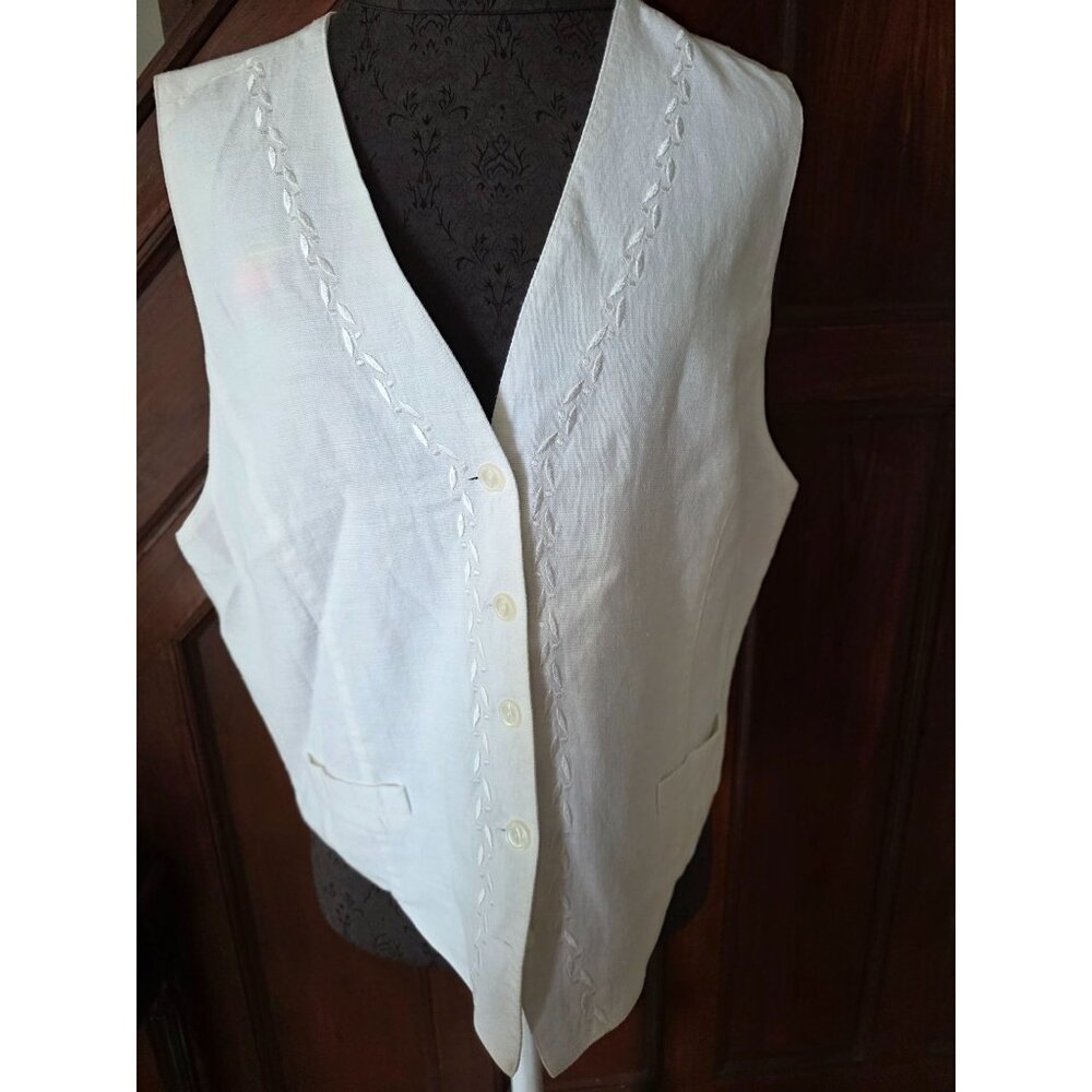 Lizsport Womens White Embroidered Cotton/Linen Vest Size L
